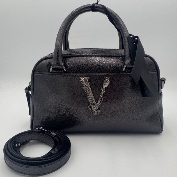 VERSACE Metallic Calfskin Virtus Small Bowling Bag Grey - Picture 1 of 10